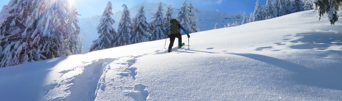 Ein Skitourengänger spurt im tiefen Pulverschnee Richtung Wysschnubel.