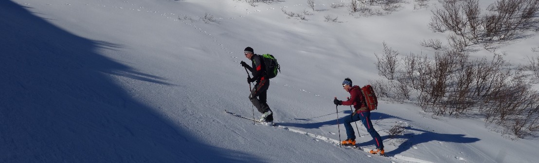 Zwei Personen mit Skitourenski im Aufstieg zum Zwitscherchopf.