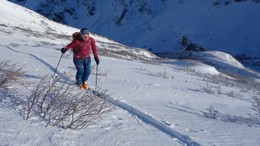 Eine Skitourengaengerin folgt der Aufstiegsspur zum Zwitscherchopf